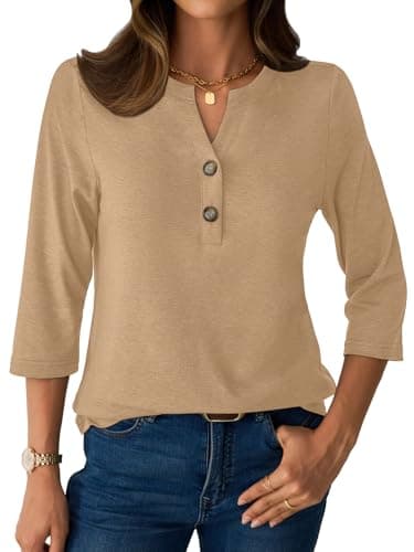 GKBK Womens Tops 3/4 Length Sleeve V Neck Button Down Short Sleeve Shirts Business Casual Basic Tees Summer Fashion 2026 Dressy Casual Going Out Blouses Trendy Outfits Khaki M - Thumbnail 6
