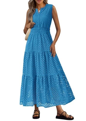 PRETTYGARDEN Womens 2026 Summer Maxi Dresses Sleeveless Sundresses V Neck Eyelet A Line Long Flowy Spring Wedding Guest Dress (Lake Blue,X-Large) - Image 1