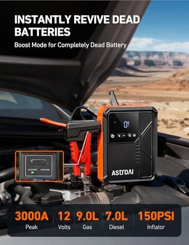 AstroAI Beta822 3000A Jump Starter with Air Compressor, 150PSI Portable Tire Inflator with Auto-Shutoff, 12V Car Battery Booster (9.0 Gas/7.0L Diesel) with LED Light and Jumper Cables, Black - Thumbnail 3
