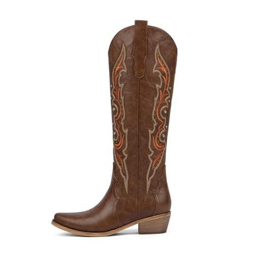 QIY Brown Knee High Cowgirl Cowboy Boots for Women Cowgirl Rhinestone Sparkly Western Embroidered Tall Cowboy Boots Womens with Chunky Low Heel Pointed Almond Toe Side Zipper Brown Size 8.5 - Image 1