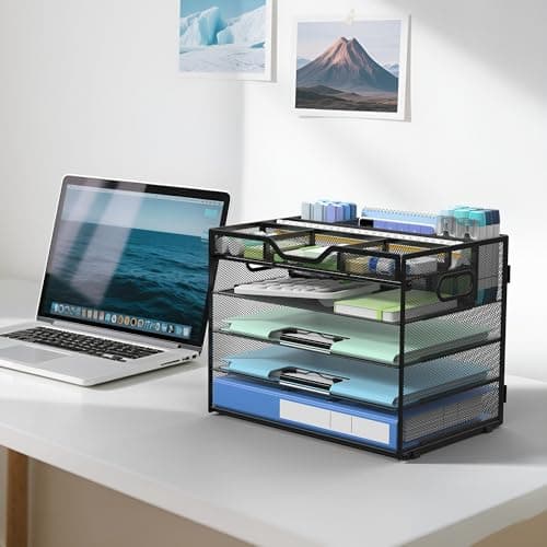 Docnest 5 Tier Mesh Desk Organizer with Adjustable Compartments - Stackable Letter Tray with Built-in Pen Holder & Handles - Desktop File Storage for Office, Home, School Supplies - Black - Thumbnail 6