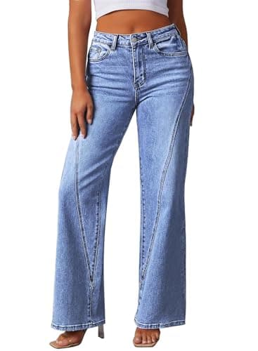Pink Queen Women's Loose Fit Wide Leg Jeans 2025 High Waisted Fashion Denim Trousers with Practical Pockets Casual Loose Baggy Boyfriend Long Jean Pants Blue L - Image 1