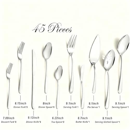 Pleafind Stainless Steel Silverware Set - 45 Piece Flatware Set for 8 People, Including 5 Serving Utensils, Forks, Spoons, Knives, Mirror Polished Flatware for Home, Restaurant, Dishwasher Safe - Thumbnail 2