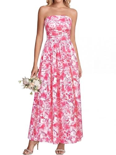 BTFBM Summer Maxi Dresses for Women 2026 Strapless Tube Top Floral Spring Wedding Guest Dress Beach Vacation Outfits(Pink Flower, XX-Large) - Image 1