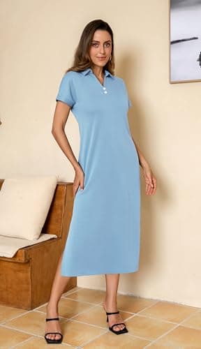 BEXIBOOM Women's Shirt Dress, Summer Maxi Dress with Sleeves, V Neck Collared Cap Sleeve Casual Long Dress with Pockets for Vacation Denim Blue-2XL - Thumbnail 3