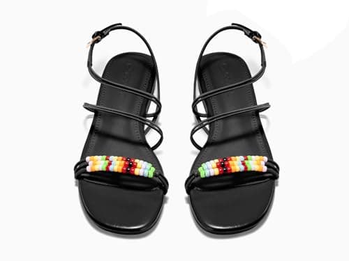 Coutgo Womens Strappy Flat Sandals Open Toe Lace Up Beaded Gladiator Flats Ankle Strap Summer Beach Shoes, Black, Size 8 - Thumbnail 5