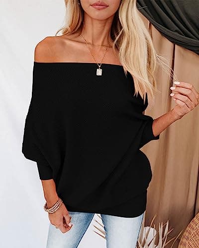 Zenlonr Women's Fall Winter Sweaters 2026 Casual Long Batwing Sleeve Loose Off Shoulder Knit Pullovers Jumper Tops(Black,Small) - Thumbnail 4