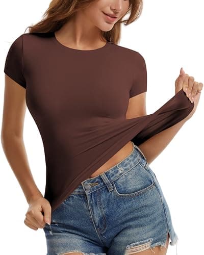 Homepeaz 2026 New Slim Fit T Shirt for Women Cotton Tee Buttery Soft Stretch Body Hugging Top Second Skin Short Sleeve Basic Layering Top Coffee - Image 1
