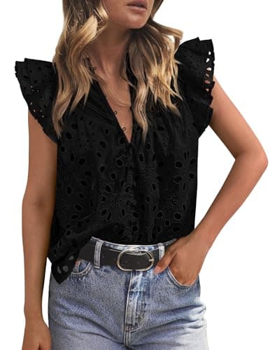 PRETTYGARDEN Womens Summer Tops 2026 Dressy Casual Ruffle Cap Sleeve Button V Neck Embroidered Eyelet Blouses Shirts(Black,Small) - Image 1