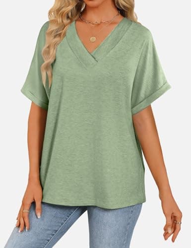 GKBK Womens Short Sleeve T Shirts V Neck Loose Fit Shirts Summer Casual Basic Tee Tops LightGreen S - Thumbnail 2