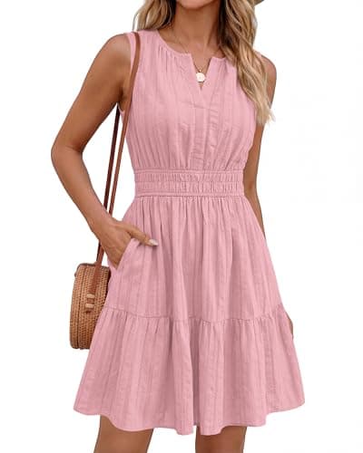 BTFBM Women Summer Dresses 2026 Casual Mini Dress Sleeveless V Neck Boho Beach Fashion Clothing A Line Dress Pockets(Pink, XX-Large) - Thumbnail 3