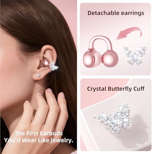Kinglucky Gen2 Clip-On Open Ear Earbuds with Sparkle Butterfly Earrings, Earrings-On Storage Case, Bluetooth 5.4 Wireless Headphones for Women, 40H Playtime, Comfortable Fit for Small Ears, Rose Gold - Thumbnail 2