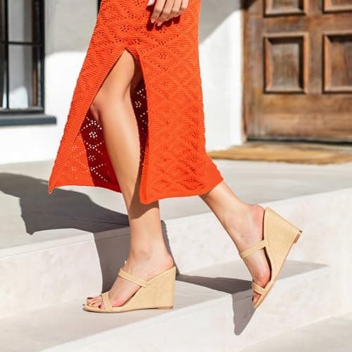 EQAUDES Women Sandals Wedge Heels Espadrilles - Summer Shoes, Slip on, Square Toe, Vacation, Wedding Dress - Thumbnail 5