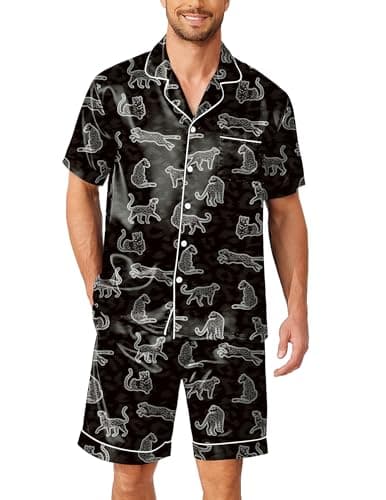 Ekouaer Mens Pjs Set Silk Pajamas Summer Sleepwear Short Sleeve Button Up Nightshirts Shorts Set,Black Leopard,S - Image 1