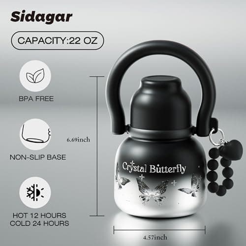 Sidagar 22 oz Water Bottle with Straw and Bowl, Unique Wide Mouth Insulated Stainless Steel Tumbler, Beach Vacation Essentials, Aesthetic Fashion Gift for Her, Mom, Heart Charm, Black & Pink - Thumbnail 2