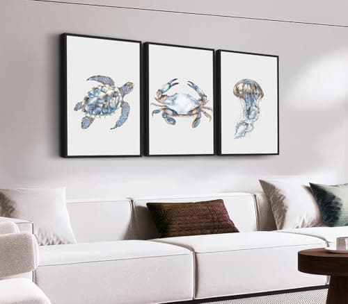 Large Framed Coastal Wall Art, Ocean Animal Blue Turtle Crab Jellyfish Canvas Prints, Minimalist Modern Sea Life Artwork Pictures for Living Room Bathroom Bedroom Office Decor 20"x28"x3Pcs