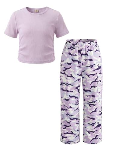 JiAmy 2PCS Outfits for Girls T-Shirt Top & Cargo Pants with Pockets Casual School Travel Clothes Tween Teen Girls 11-12Y - Image 1
