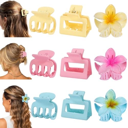 Hair Clips for Women 9 Pack Medium Claw Clips, No Slip Strong Hold Hair Clips for Thick & Thin Hair, Flower Square Aesthetic Styles for Everyday Styling, Trendy Hair Accessories (Pink) - Image 1