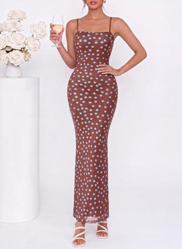 BTFBM Womens Summer Maxi Dress 2026 Floral Mesh Spaghetti Straps Sleeveless Sexy Bodycon Wedding Cocktail Party Dresses(Dot Coffee Blue, X-Large) - Thumbnail 3
