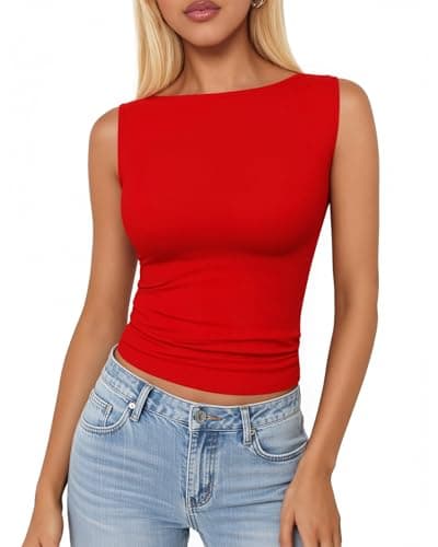 TRENLIVER Women Boat Neck Tank Tops Sleeveless Basic Going Out Top Cute Slim Fit Outfit Shirts Summer Clothes 2026 Red XL - Image 1