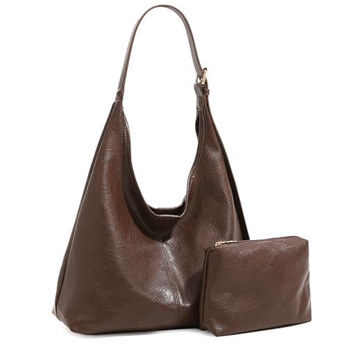 JueiXeoy Hobo Bags for Women Slouchy Tote Bag Crossbody Purses 2PCS Retro Vegan Leather Shoulder Handbags with Coin Purse Set Brown