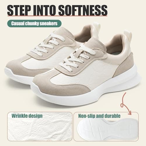 Vepose Women's Beige Pu Lightweight Platform Sneakers Chunky Casual Tennis Shoes, Memory Foam Non Slip, Suede Pu Lace Up, Everyday Walking Travel Office Size 6.5(CJY8216 Beige pu 06.5) - Thumbnail 4