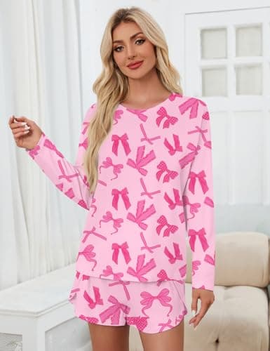 JUSTFASHIONNOW Womens Pajama Sets Long Sleeve Top and Split Shorts Bow Print Two Piece Lounge Set Cozy Loungewear Crew Neck Sleepwear Soft Pjs Fall Winter Cute Outfits (Pink, Small) - Thumbnail 3