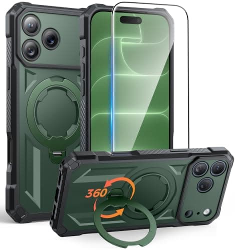 FNTCASE for iPhone 17 Pro-Max Case: [360 Spin Magnetic Ring Kickstand] [Compatible for MagSafe] [Screen Protector] Heavy Duty Military Grade Protection Protective Phone Case with Stand Green
