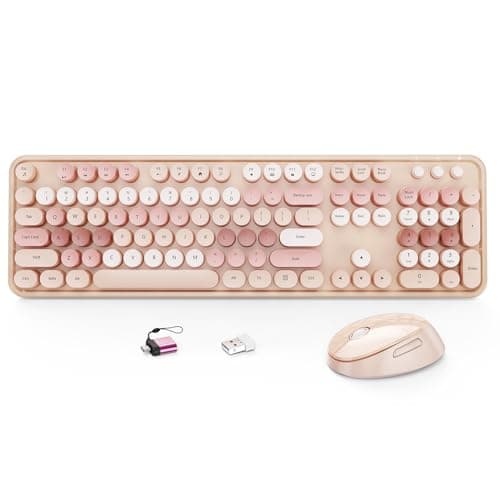 HotFox Wireless Keyboard and Mouse Combo, Full-Size Retro Typewriter Keyboard with Round Keycaps, Ergonomic Design for Windows PC, Home and Office Use -Brown