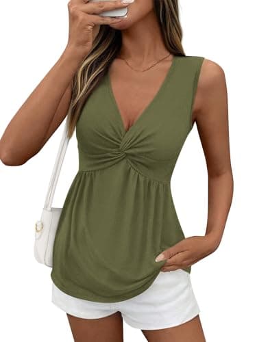 BTFBM Babydoll Tops for Women 2026 Trendy Spring Summer Outfits Twist Front V Neck Peplum Flowy Tank Tops Dressy Casual(Army Green, Medium) - Image 1