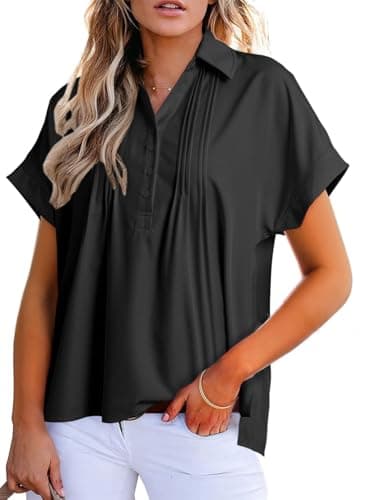 Dokotoo Womens Short Sleeve Shirts Collared Neck Basic Pleated Ladies Tops and Blouses Button Front Loose Fit Trendy Tops for Women Fashion Business Casual Outifits Going Out Tops Black Shirts Small - Image 1