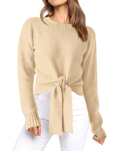 Okiwam Women's Long Sleeve Cropped Sweaters Casual Knit Pullover Tie Front Crew Neck Fall Outfits Spring Fashion Clothes 2026-L Apricot - Image 1