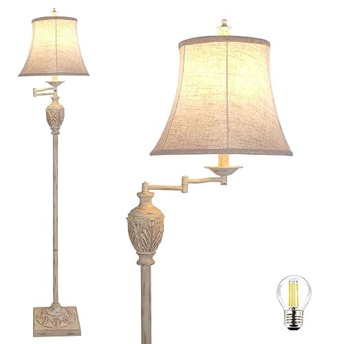 Traditional LED Floor Lamp with 350° Adjustable Swing Arm Lamp – Vintage Pole lamp Swing arm for Living Room, Bedroom and Office – Rustic Upright Floor Light for Home Décor with Faux Silk Fabric Shade - Image 1