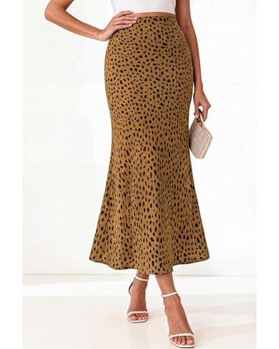 BTFBM Satin Skirts for Women Trendy Spring Summer 2026 High Waisted Leopard Print Cocktail Wedding Long Silk Midi Skirt(Dot Brown Black, Medium) - Thumbnail 2