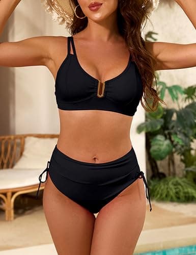 Nillocco 2 Piece Swim Suits for Women 2025 Swimsuits for Curvy Women High Waisted Bikini Sets U-Wire Cutout Tummy Control Bathing Suit Black Medium - Thumbnail 6
