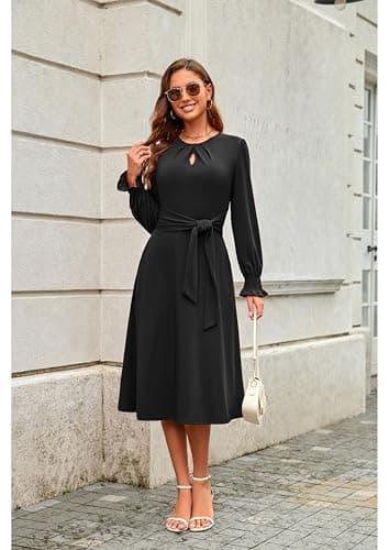 ECOWISH Womens Dresses 2025 Fall Long Sleeve Tie Waist Casual Wedding Guest Party Cocktail Flowy A Line Midi Dress with Pockets Black Large - Thumbnail 5
