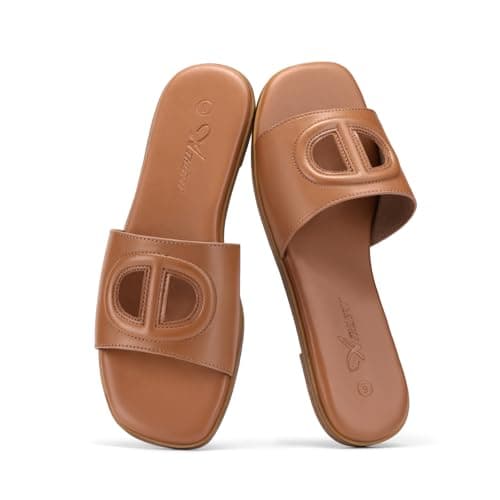 Athlefit Women's Flat Sandals Square Open Toe Comfortable Slip On Summer Beach Tan Slide Sandals Size 10 - Thumbnail 6
