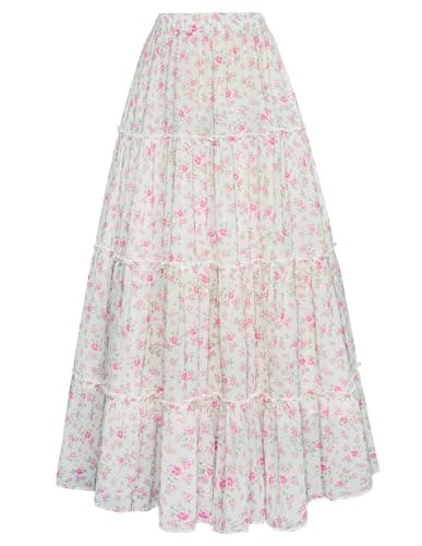 Scarlet Darkness Floral Maxi Long Skirts for Women Summer 2026 Tiered Skirt Flowy Boho Fairy Skirt with Pockets White Pink Floral M - Image 1