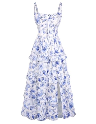 Women's Floral Corset Dress 2026 Summer Spring Wedding Guest Dresses Flowy Sundress with Pockets Sky Blue Floral XL - Image 1
