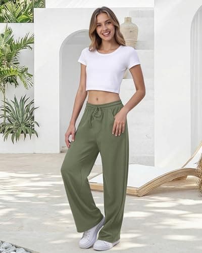 JEKAOYI Wide Leg Pants for Women Flowy Palazzo Drawstring Elastic Waist Trousers with Pockets Summer Beach Vacation Pants Grey Green - Thumbnail 3