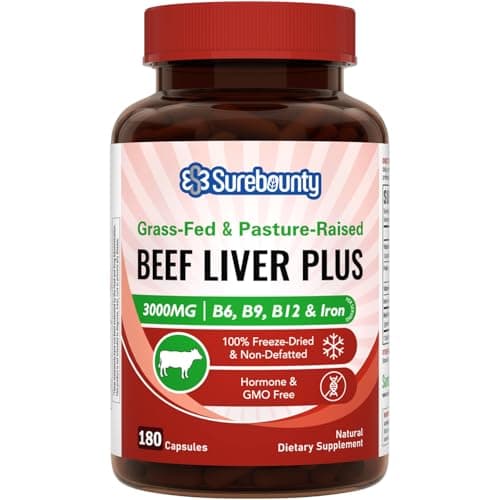 Surebounty Grass-Fed & Pasture-Raised Beef Liver Plus, 3000 mg, Vitamin B6, B9, B12, Iron, No Hormone, Non-GMO, Non-Defatted, Freeze-Dried Liver Health Supplement, 180 Caps - Image 1