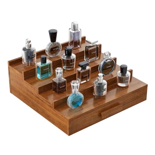 Sueuapp Cologne Organizer for Men,4 Tier Walnut Wood Cologne Stand,Cologne Shelf Display Holder with Hidden Storage and Drawer,Perfume Stand Organizer Great Gifts for Men - Image 1