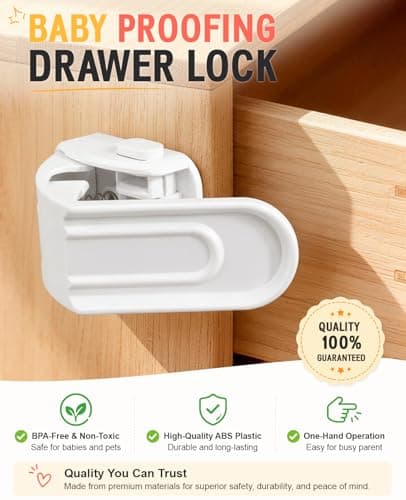 Maveek Baby Safety Drawer Lock - 4 Pcs Upgraded Baby Proofing Locks, One Hand Operation Infant Latches For Corner Drawers, Kitchen Cabinets, No Drill Child Proofing Kit (White) - Thumbnail 2