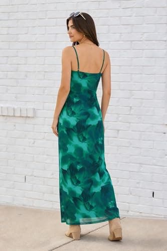 ZAFUL Womens Summer Floral Maxi Dress Spaghetti Strap Mesh Stretch A Line Dresses 2026 Boho Casual Vacaion Party Wedding Guest Slip Long Dresses Spring Clothing Green X-Large - Thumbnail 5