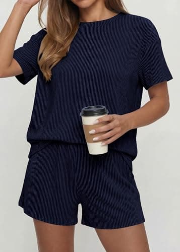 KIRUNDO 2 Piece Sets for Women Summer Shorts Lounge Set Matching Ribbed Knit Short Sleeve Top Airport Travel Vacation Outfits(Navy, XX-Large) - Thumbnail 3