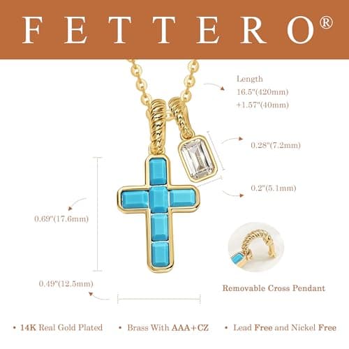 Fettero Cross Cross Necklace for Women - 14K Gold Plated Dainty Turquoise Cross Pendant Cute Simple Necklaces Non-Tarnish Faith Gold Necklace for Women Trendy Religious Jewelry Gift - Thumbnail 5