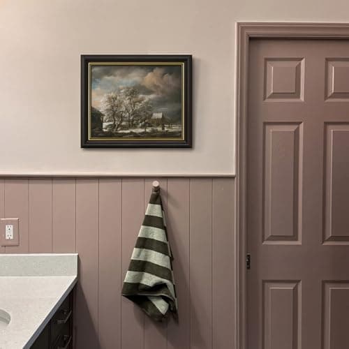 DAJONART Vintage Gold Framed Moody Winter Wall Art, Snowy Village Landscape with Dog & Cottage, Framed Canvas Prints Painting Christmas Decor, Rustic Holiday Gift for Home, 8x10 - Thumbnail 5