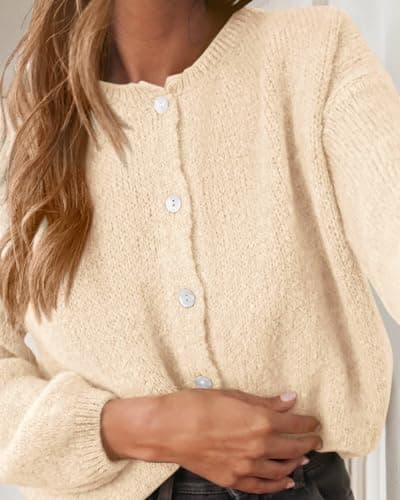 KIRUNDO Women’s Cardigans Casual Loose Button Up Long Sleeve Crewneck Knit Cardigan Sweaters Open Front Outerwear Coats(Cream, Large) - Thumbnail 3