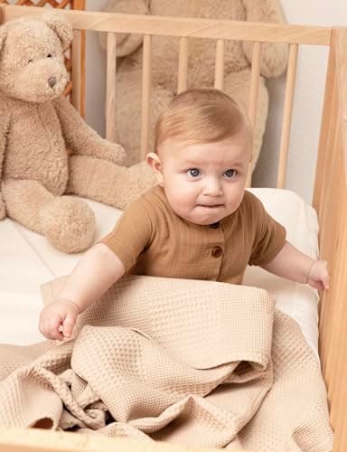 Milna Baby 100% Cotton Waffle Blanket for Boys & Girls, 100x120 cm Breathable Muslin Baby Blanket for Crib, Stroller & Swaddle, Soft Lightweight Toddler Receiving Blanket, (Beige) - Thumbnail 5