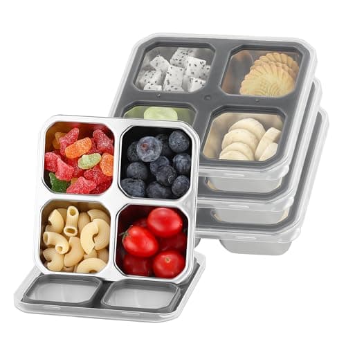 BEFOY 4 Divided Compartments Snack Containers Bento Snack Box with Lid Stainless Steel Kids Plates Reusable Meal Prep Lunch Box Food Storage Containers for Adults Travel Work - Image 1